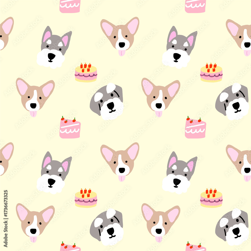 Fototapeta premium Seamless pattern with cute cartoon Schnauzer and Welsh Corgi dogs celebrating with birthday cakes on a light yellow background
