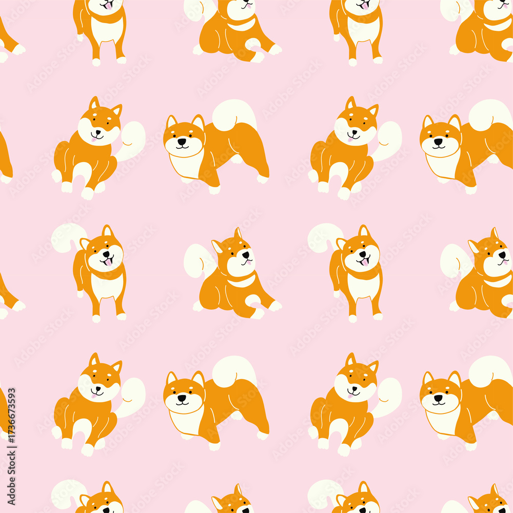 Fototapeta premium Seamless Pattern with Shiba Inu Dogs – Cute Orange Puppy Illustration on Blue and Pink Background