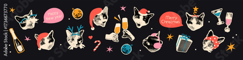 Christmas and New year halftone art collage cut outs set. Stickers with vintage dotted texture and doodles, cheers, champagne, cat heads with Santa hats. Modern retro mixed media vector illustration