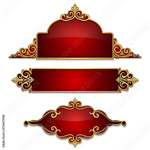 Ornate Red and Gold Decorative Banners and Labels.