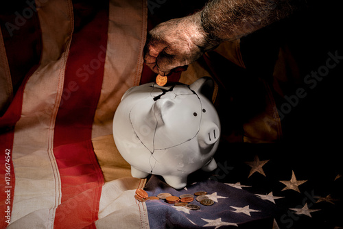Dirty Hands Inserting Penny into Piggy Bank on U.S. Flag – Fragile Savings