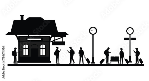 Silhouette of people with luggage at a train station with a historic building and clocks
