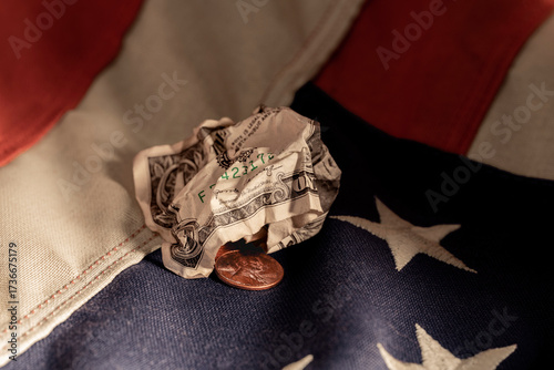 Crumpled Dollar with Flag Texture – Fragile American Economy