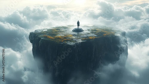 Solitude on a Floating Island - A Journey Through Clouds and Reflection.