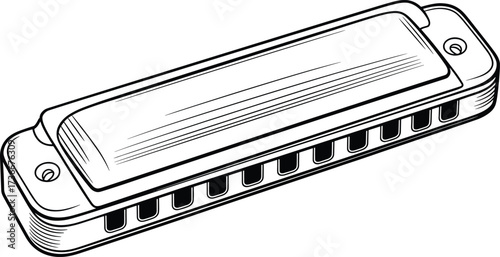 Hand drawn harmonica illustration, vintage mouth organ sketch, musical instrument design, blues jazz folk music accessory, detailed line art drawing