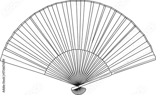 Hand drawn folding fan illustration, traditional Japanese and Chinese accessory, vintage oriental art, cultural symbol, decorative line sketch design
