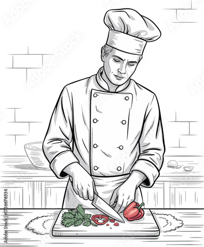 Professional chef illustration, cook preparing vegetables, kitchen drawing, culinary art concept, chef cutting bell pepper, food preparation line art