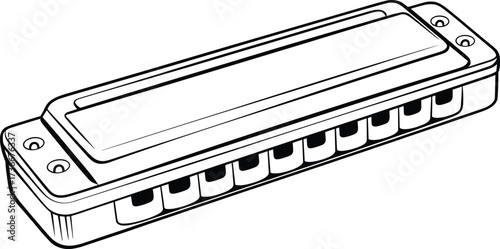 Hand drawn harmonica illustration, vintage mouth organ sketch, musical instrument line art, black and white harmonica drawing, retro music artwork
