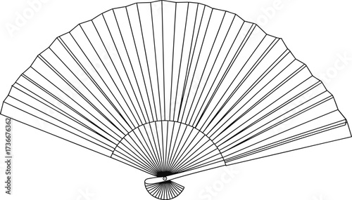 Traditional folding hand fan illustration, black and white oriental fan drawing, vintage paper fan line art, cultural decorative accessory design