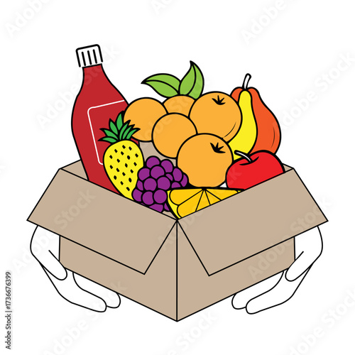 Fresh fruit delivery box with various fruits ready for consumption and a bottle of ketchup on the side for flavor enhancement
