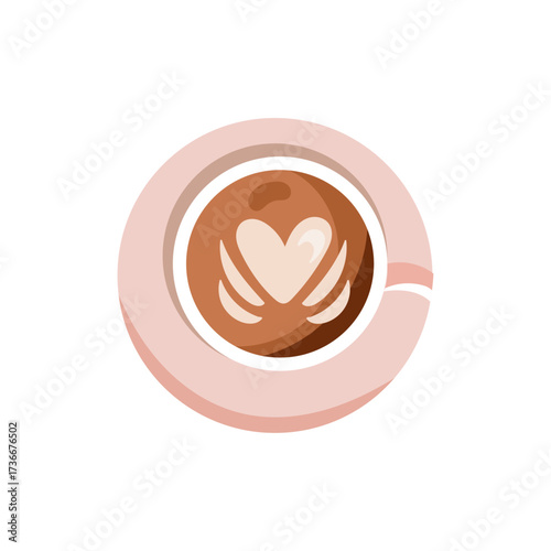 Beautiful latte with art design featuring a heart, served in a pink cup, perfect for a cozy cafe experience during the morning
