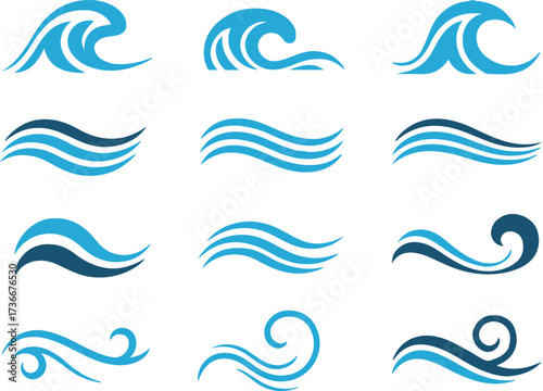 minimal wave icons twelve vector illustrations simple ocean sea water surf crest badges