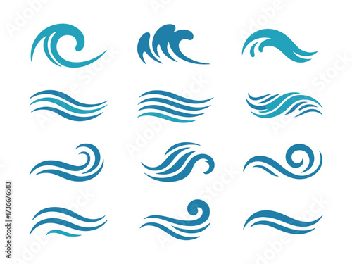 decorative ocean wave icons twelve vector emblems sea water surf crest curl set for logos