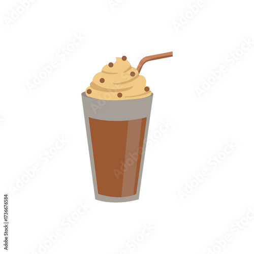 Refreshing iced coffee drink topped with whipped cream served in a clear glass with a straw on a warm afternoon