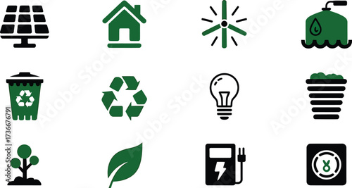 Collection of green eco friendly icons representing renewable energy sustainability and environmental protection