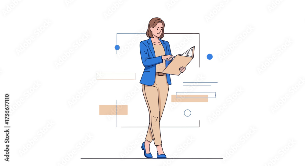 Fototapeta premium Illustration of a businesswoman analyzing data in a file with a modern and simple design