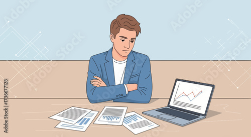 Illustration of a Businessman Working on a Laptop and Looking Over Papers At Work