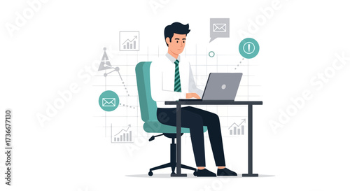 Illustration of a Businessman Working on a Laptop Achieving Business Goals and Emailing