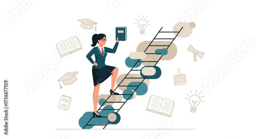 Illustration of a businesswoman climbing a ladder representing career and education success
