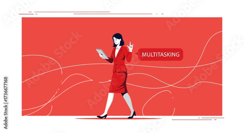 Illustration of a businesswoman in a red suit on a laptop multitasking concept