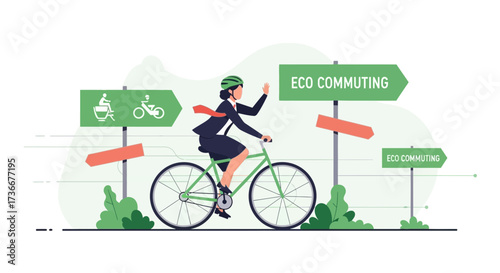 Illustration of a businesswoman riding a bicycle promoting eco-commuting practices