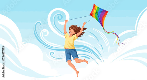 Happy girl flying a colorful kite on a sunny day with a bright blue sky and clouds