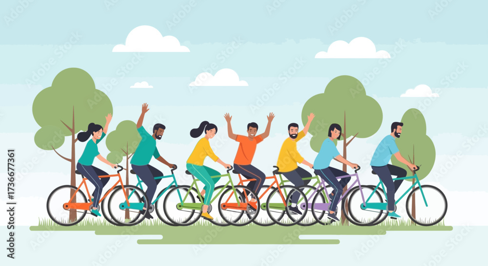Fototapeta premium Happy group of people enjoying cycling on a bright sunny day in the park with bikes