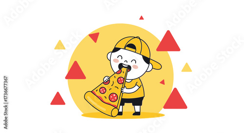 Happy Kid Devouring Pizza Slice Cartoon Illustration With Playful Geometric Shapes