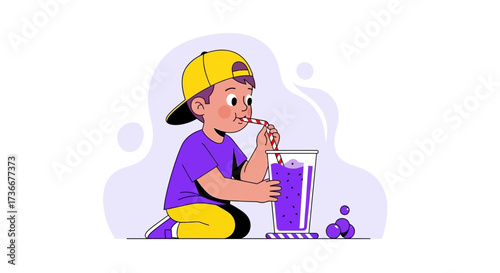 Happy Kid Drinking Juice With Straw, Animated Illustration, Fresh Beverage Concept