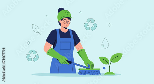 Illustration of a Person Cleaning and Promoting Environmental Sustainability