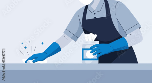 Illustration of a person cleaning and disinfecting a surface with gloves and wipes