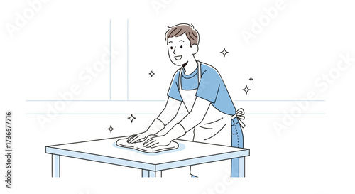 Illustration of a person cleaning a table with a cloth in a minimalist design