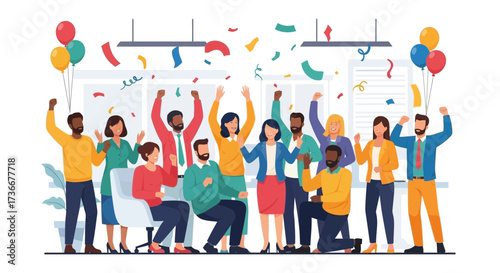Happy office team celebrating success together with balloons and confetti illustration