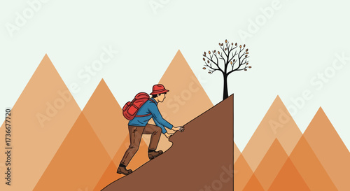 Illustration of a person climbing a mountain with a backpack during a hike