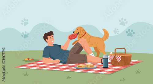 Happy Person Playing Frisbee With Dog During a Relaxing Picnic Outdoors on the Lawn