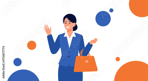 Illustration of a businesswoman waving with a bag in a business attire creating a greeting