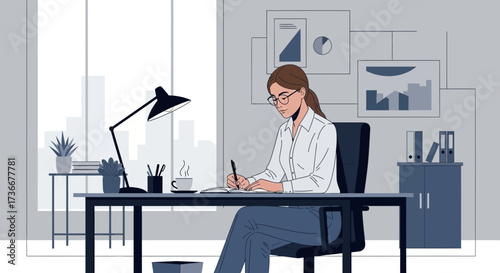 Illustration of a businesswoman writing something in her notebook at her office desk