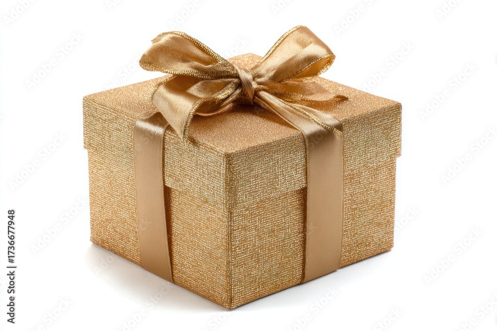 Obraz premium Elegant golden gift box with shimmering ribbon and bow, ready for celebration.
