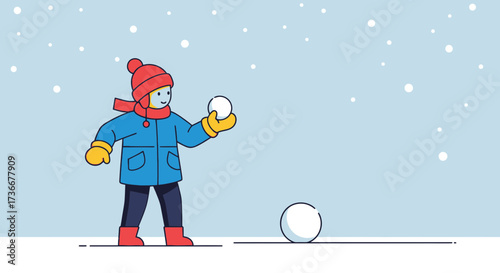 Illustration of a child playing in the snow ready to throw a snowball during winter
