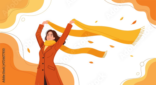 Happy woman enjoying fall, wearing coat and a scarf with orange background in fall season