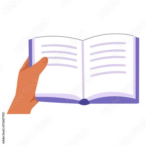 Hand holding an open book with white pages and purple cover in a simple design