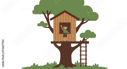 Illustration of a child waving from a treehouse nestled in a lush green tree