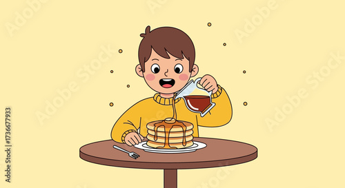Illustration of a child pouring syrup on pancakes for breakfast on a table