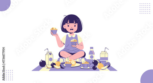 Illustration of a child with fruits and pastries ready to eat in a picnic scene