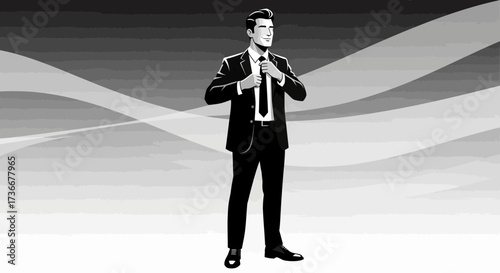 Illustration of a confident businessman in a suit adjusting his tie in grayscale
