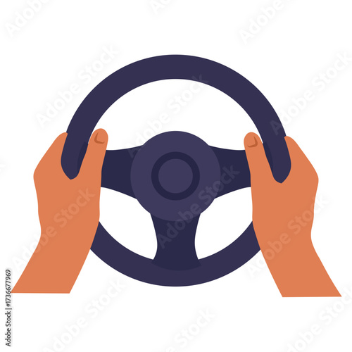 Hands gripping a steering wheel while driving on a sunny day, showcasing focus and control in urban traffic
