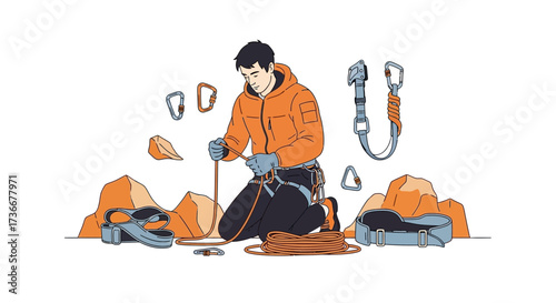 Illustration of a climber preparing for a climb with equipment accessories