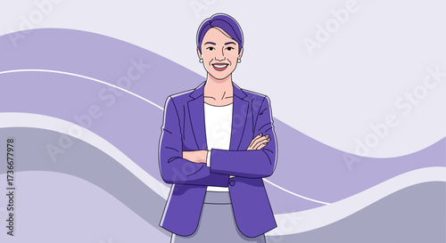 Illustration of a confident businesswoman with arms crossed in a purple suit and background