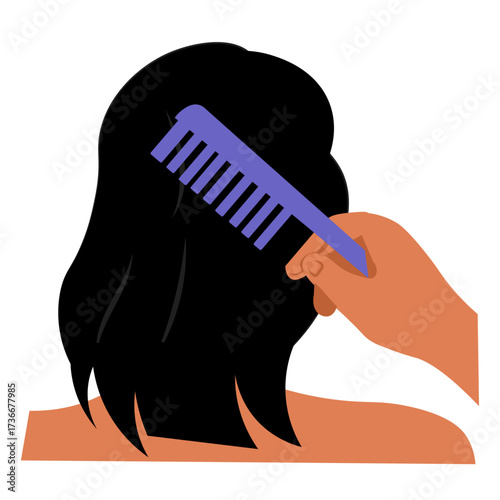 Woman combs long hair using a purple comb in a simple, relaxed setting