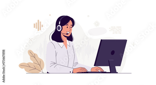 Illustration of a Customer Service Representative Using a Computer with a Headset